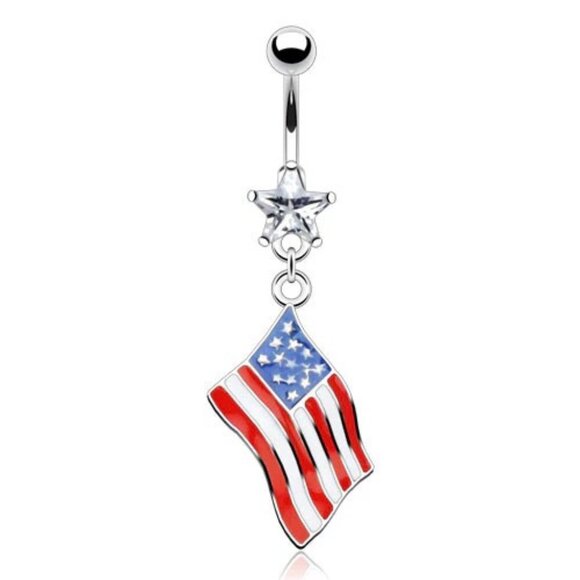 AWESOME SURGICAL STEEL DANGLING AMERICAN FLAG NAVEL RING WITH CZ ACCENT. - Picture 1 of 1